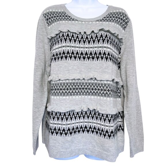Talbots Fair Isle Sweater Womens Size XL Gray Lambswool Blend Ruffle Cozy Nordic - Picture 1 of 10